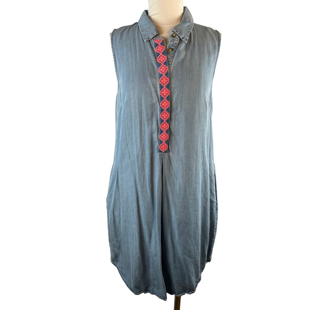 Spense Lyocell Denim Look Tunic Dress Embroidered Sleeveless Size 14 Blue